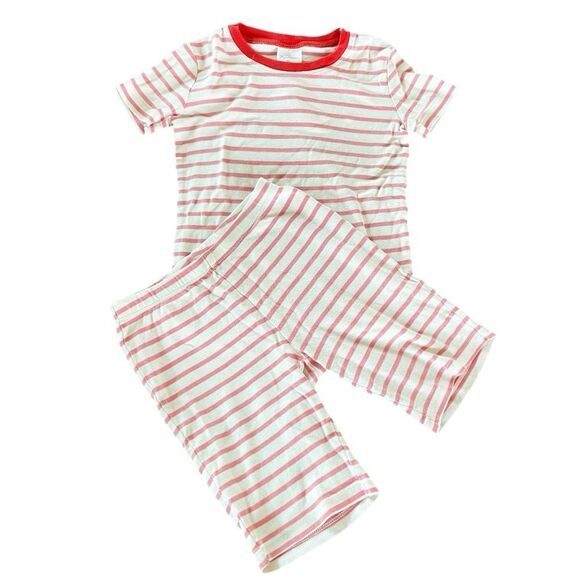 Mini Boden Red/ Pink and White Striped Short John’s Pajama Set Size 6 - Picture 1 of 7